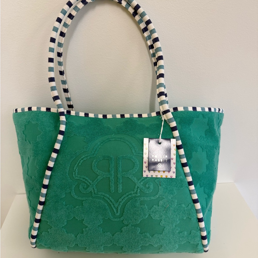 Roller Rabbit green embossed tote with navy-and-white striped handles
